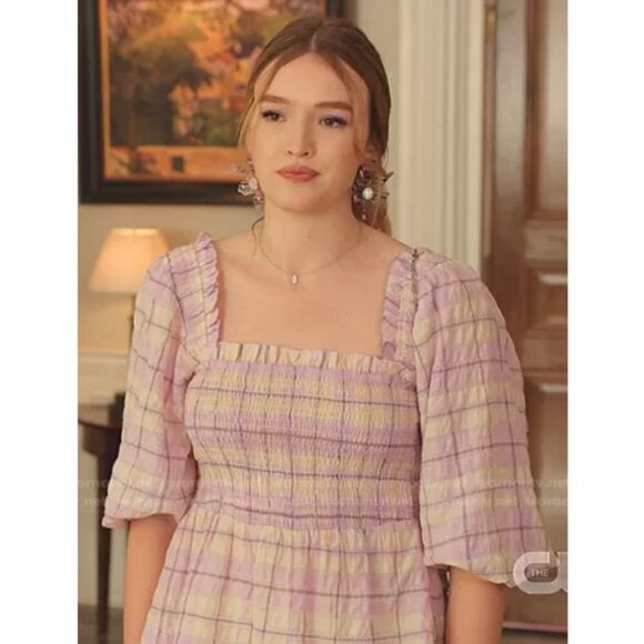 💕GANNI💕 Smocked Seersucker Plaid Top ~ Orchid Bloom Checked Print 44 EU NWT - Picture 9 of 16